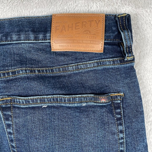 Faherty Jeans Mens 36x34 Blue Straight Leg Organic Cotton Stretch Indigo Dyed - Picture 4 of 9